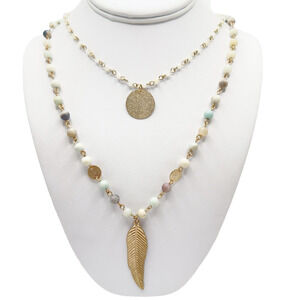 Multi Strand Layered Necklace Gold Tone Natural Stone Coin Feather Boho 26-28"